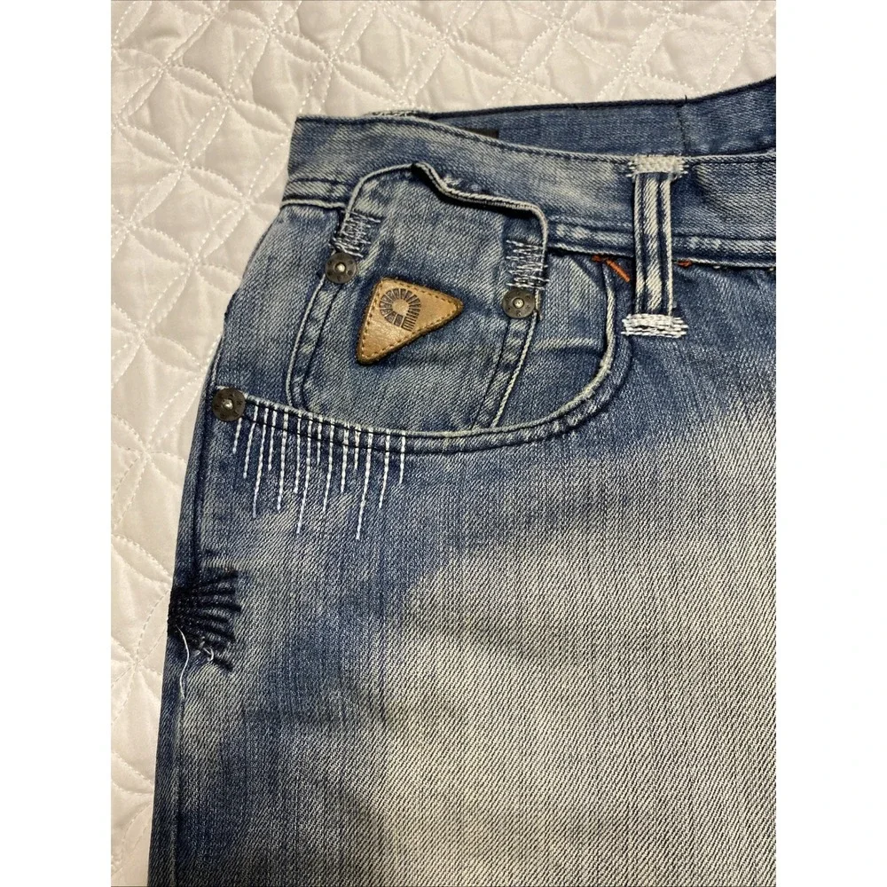 VTG Akademiks Denim Jeans 36 Embroidered Streetwear Missing Button  RN0100964